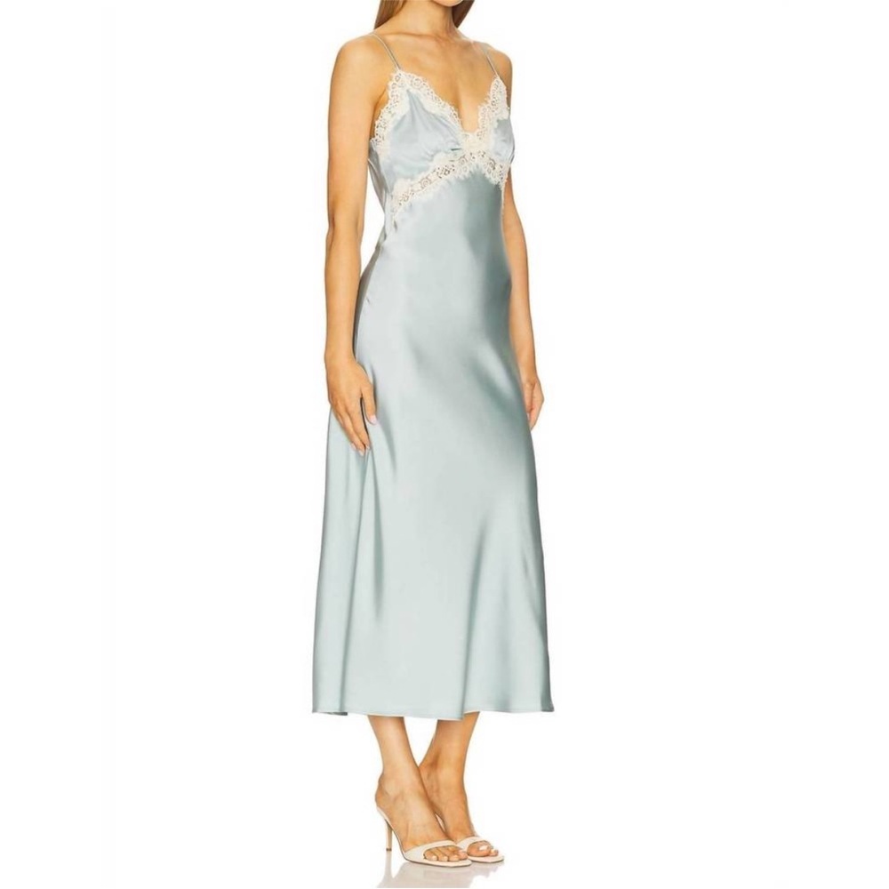 Elodie Light Blue Satin Dress with Lace Trim